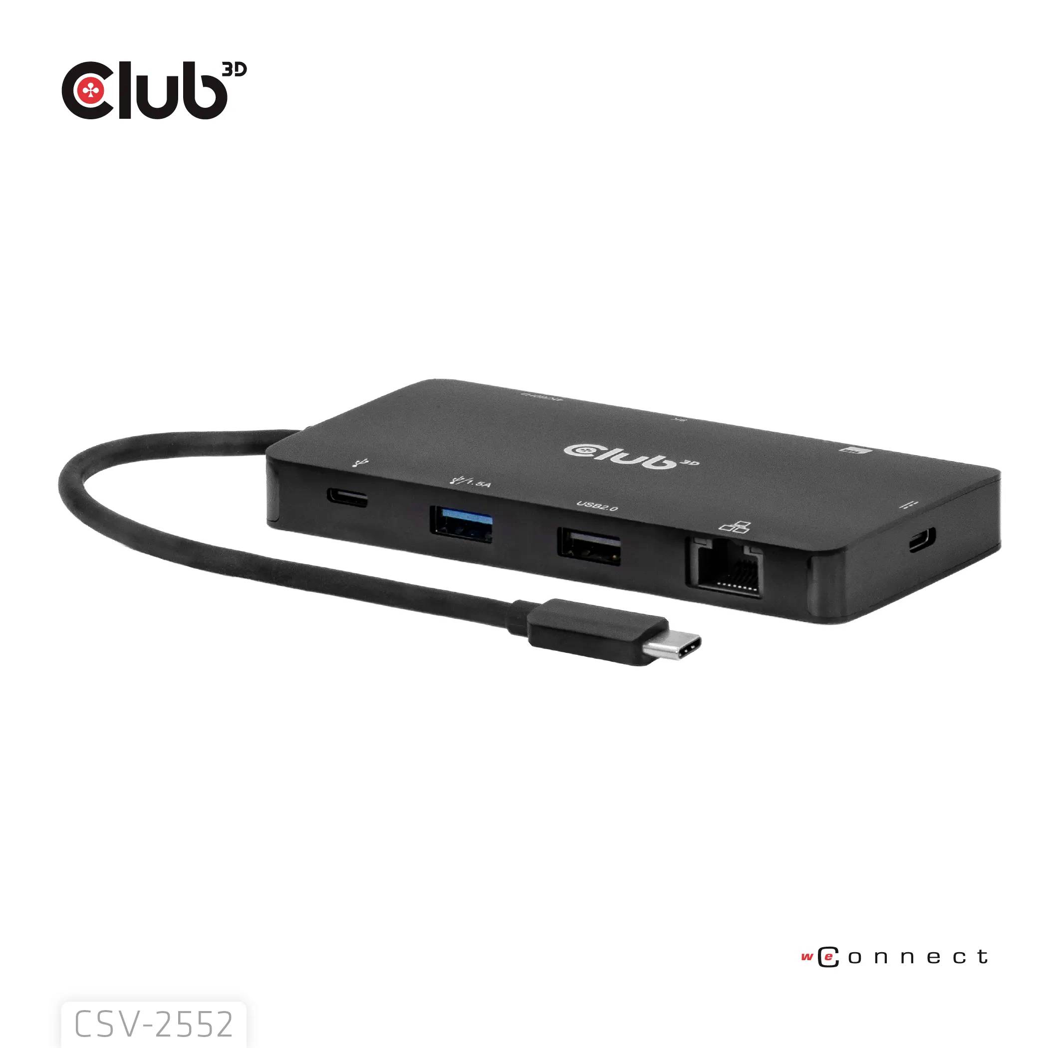 Club 3D USB-C Multiport Adapter (CSV-2552) mit HDMI-, USB- und Ethernet-Anschlüssen.