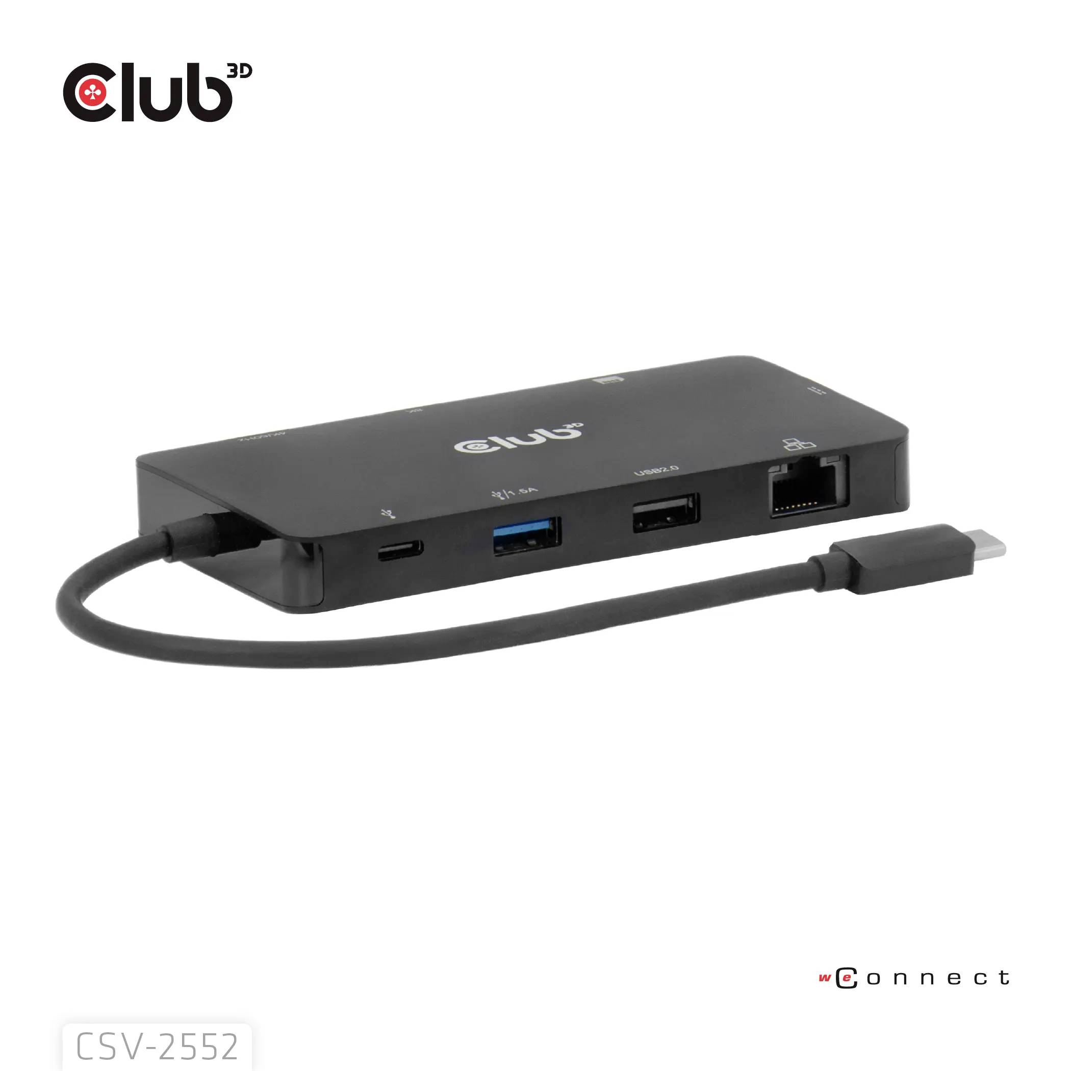 Ein schwarzer Multi-Port-Adapter mit USB-C-, USB-A- und Ethernet-Anschlüssen, beschriftet mit 'Club 3D' und Produktcode 'CSV-2552'.