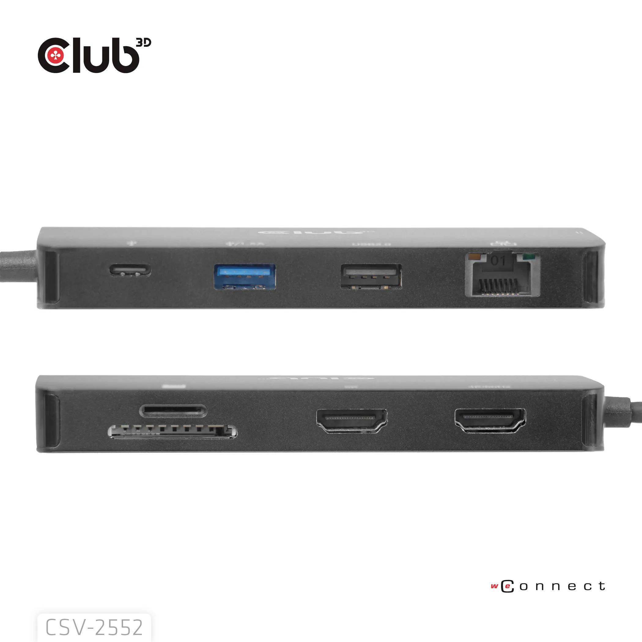Zweiseitiger USB-C-Dockingstation mit mehreren Anschlüssen, einschließlich HDMI, USB 3.0, Ethernet und SD-Kartenslot, Modell CSV-2552.