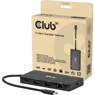 Ein schwarzer USB-C-Hub mit mehreren Anschlüssen und einem Stromkabel wird vor seiner beigen Verpackung präsentiert, die seine Funktionen hervorhebt.