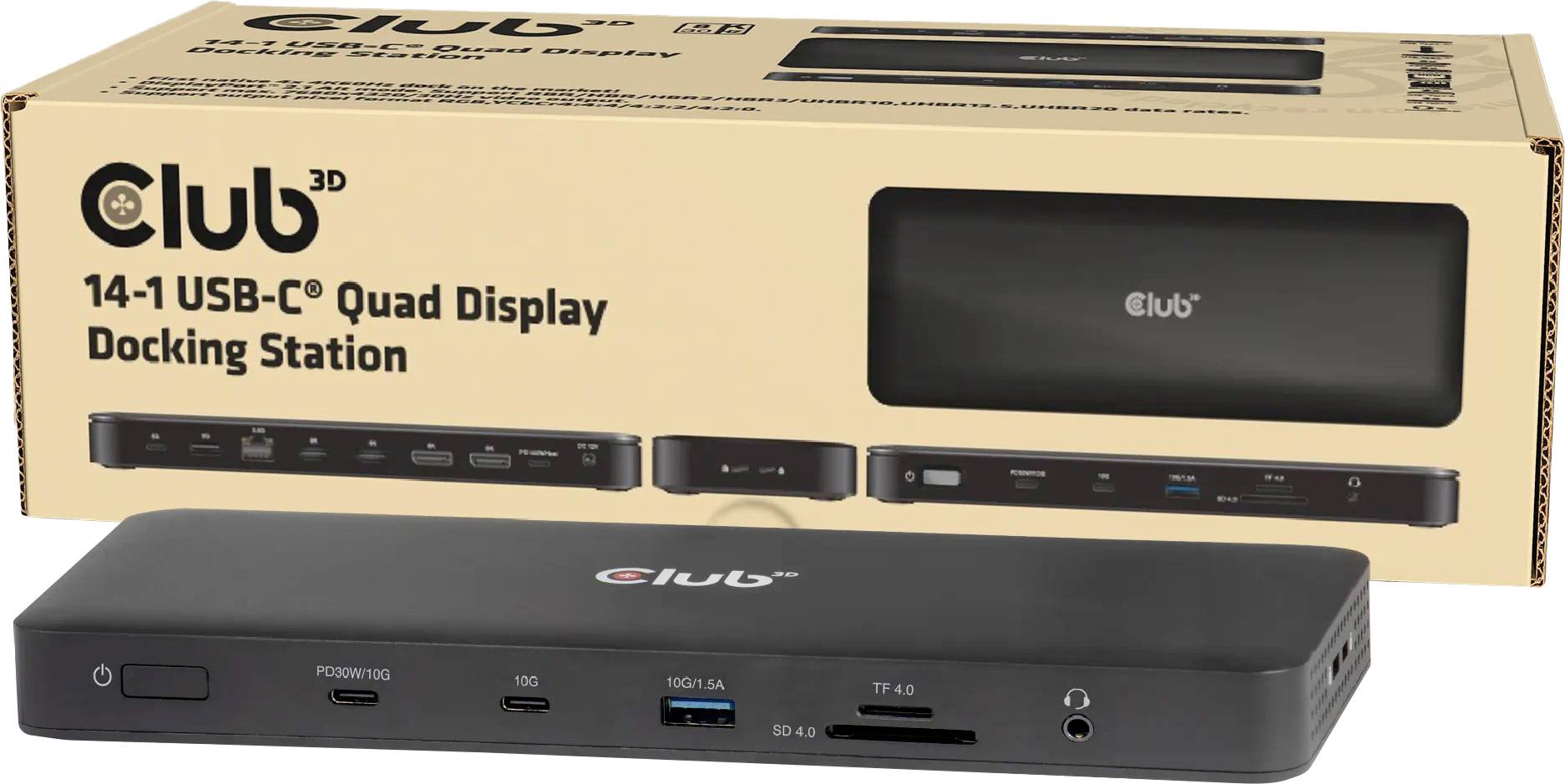 Dockingstation mit mehreren Anschlüssen, einschließlich USB-C, USB-A, Ethernet und SD-Kartensteckplätzen. Verpackung zeigt Abbildung und Modelldetails.