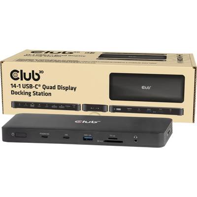 Dockingstation mit mehreren Anschlüssen, einschließlich USB-C, USB-A, Ethernet und SD-Kartensteckplätzen. Verpackung zeigt Abbildung und Modelldetails.