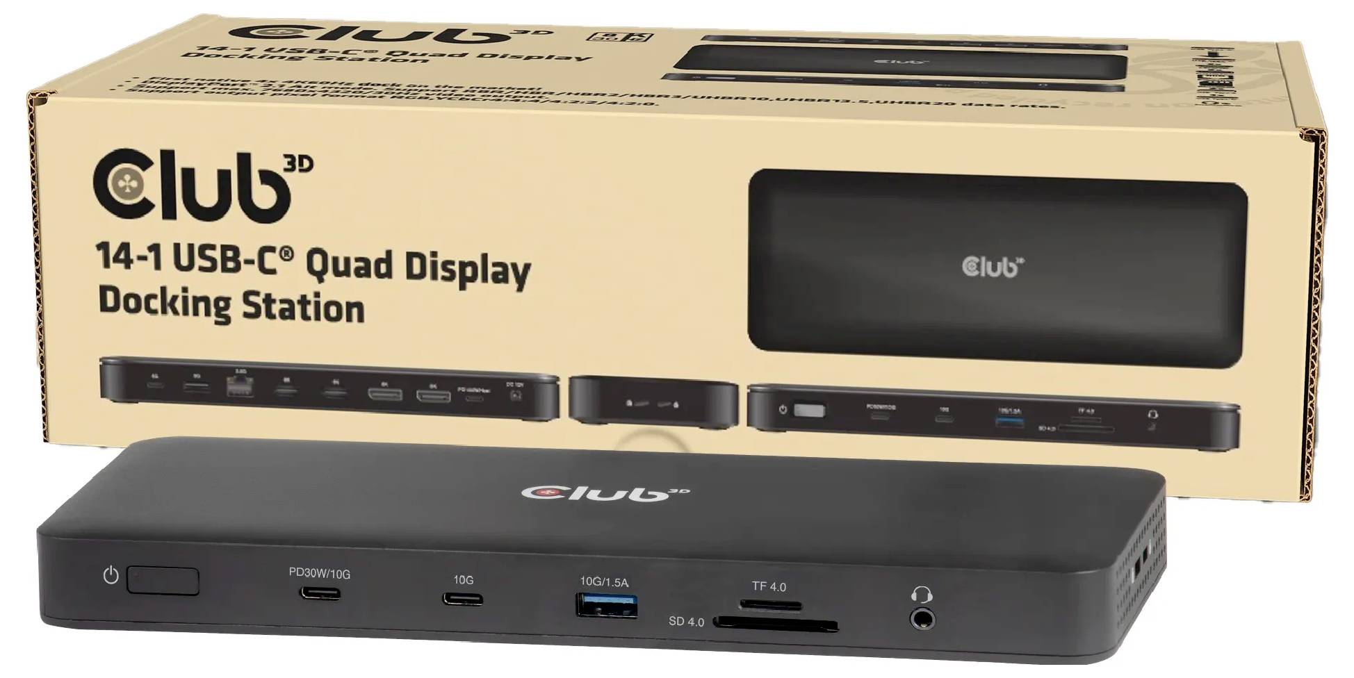 Eine schwarze USB-C Quad-Display-Dockingstation mit mehreren Anschlüssen wie USB, HDMI und Ethernet, präsentiert vor ihrer Verpackungsbox.