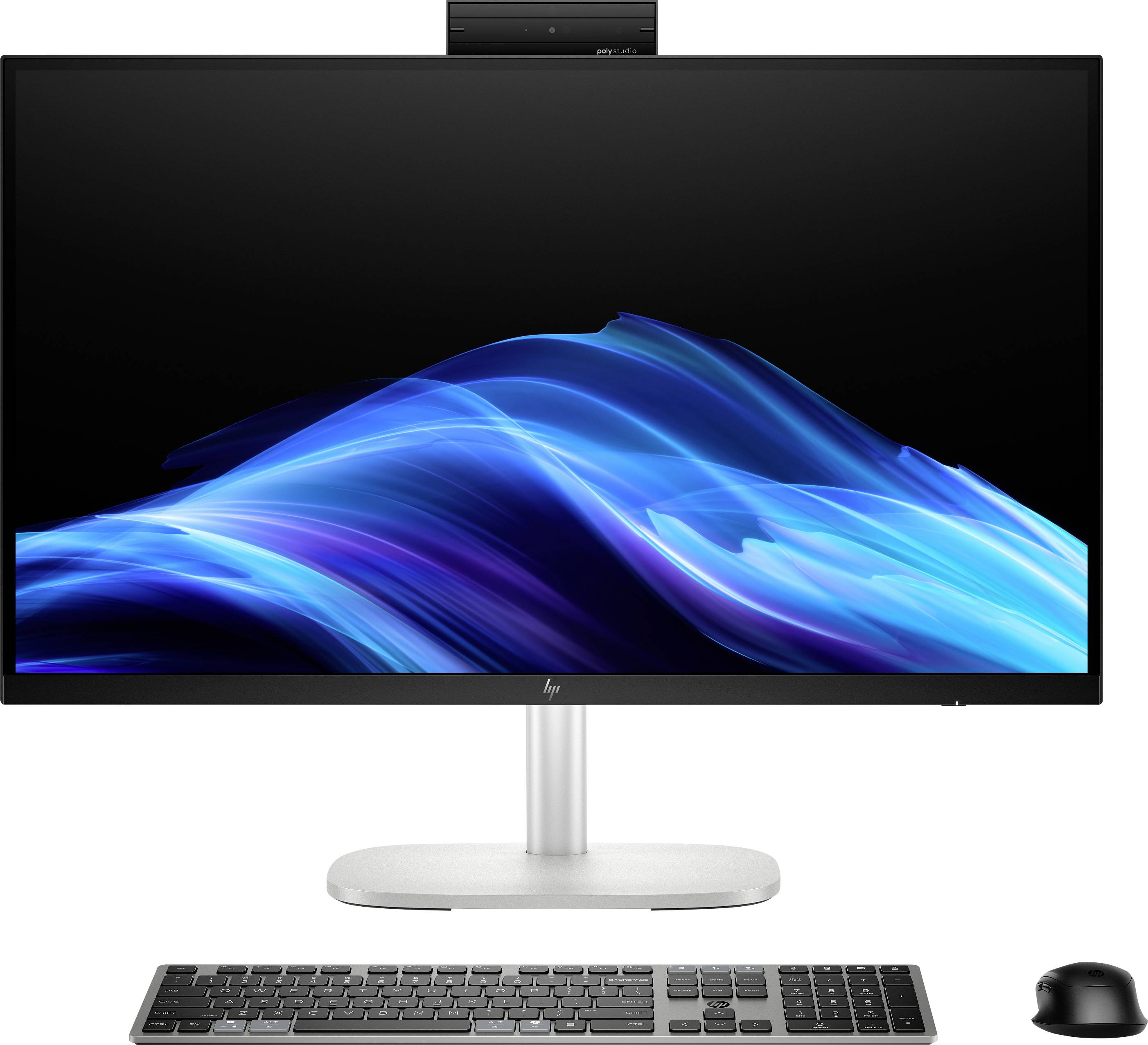 Eine Computereinrichtung mit einem großen Monitor, auf dem ein blaues abstraktes Wellendesign zu sehen ist, begleitet von einer Tastatur, einer Maus und einer Webcam.