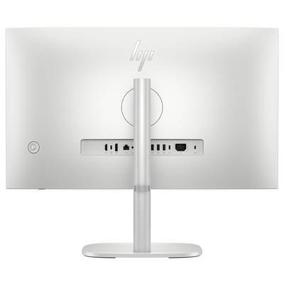 Rückansicht eines schlanken, modernen Computermonitors mit verschiedenen Anschlüssen, einschließlich HDMI und USB, auf einem grauen Ständer vor einem weißen Hintergrund.