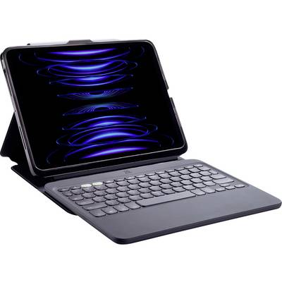 Ein Tablet mit einer schwarzen abnehmbaren Tastatur zeigt ein geometrisches blaues Muster auf seinem Bildschirm, was auf ein High-Tech- oder digitales Thema hindeutet.