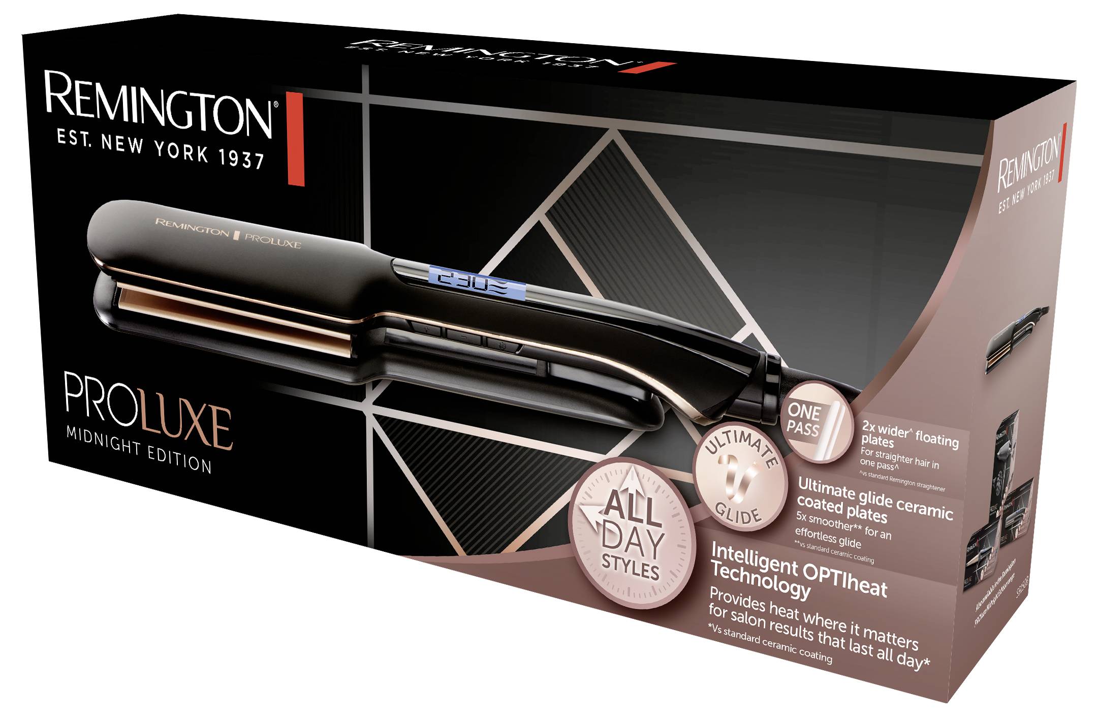 Remington PROLUXE Midnight Edition Haarglätter in schwarz in einer Verpackung. Zu den Merkmalen gehören ultimative Glide-Keramikbeschichtete Platten und OPTIheat-Technologie.