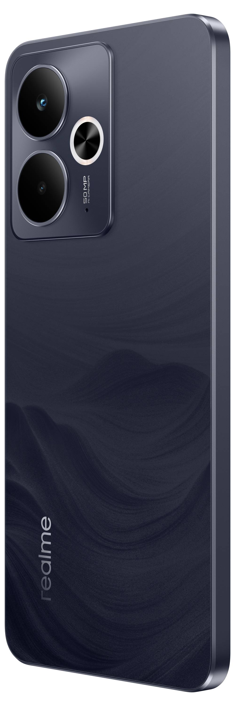 Ein schlankes, dunkel gehaltenes Smartphone mit zwei Rückkameras und dem Markennamen 'realme' auf der Rückseite.