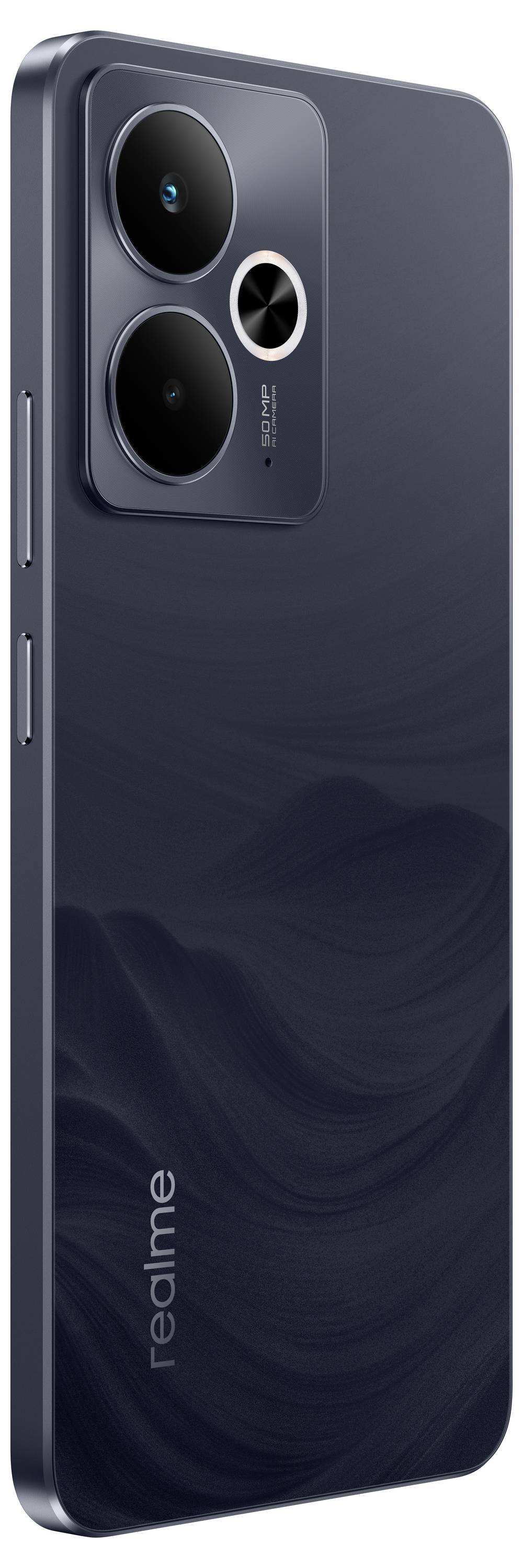 Ein Smartphone mit dualer Rückkamera in einem eleganten, dunklen Finish. Das Telefon ist auf der Rückseite mit der Marke 'realme' versehen.