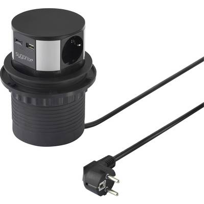 Eine schwarze Pop-up-Steckdose mit USB-Anschlüssen und einer Netzsteckdose, durch ein Kabel verbunden, zur Installation in Arbeitsflächen konzipiert.