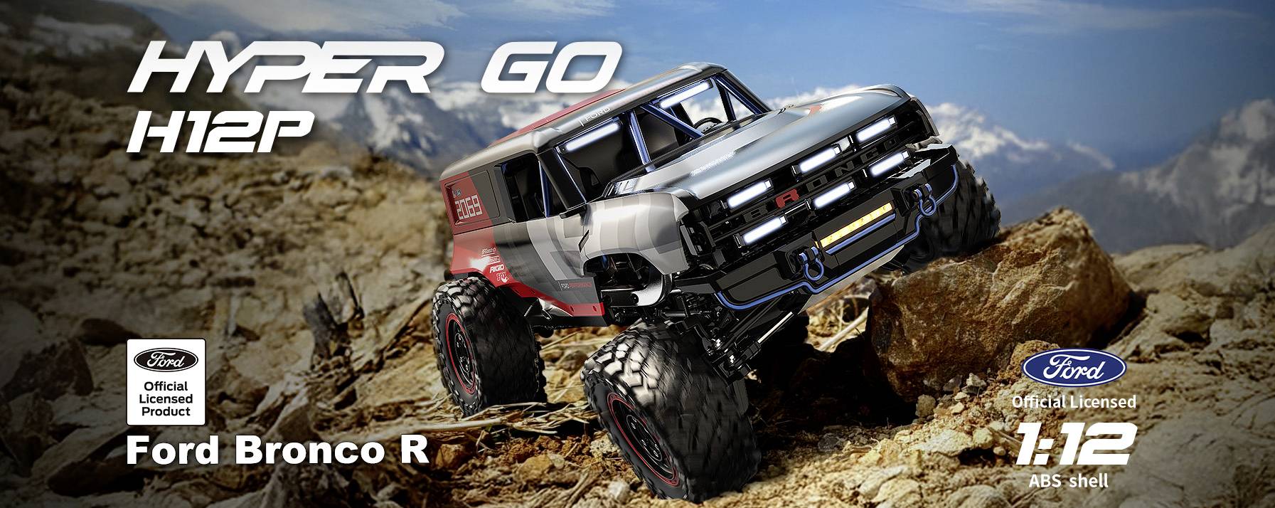 'Hyper Go H12P' ferngesteuertes Ford Bronco R auf felsigem Gelände, mit Betonung der Geländegängigkeit und offiziellen Ford-Markierung.