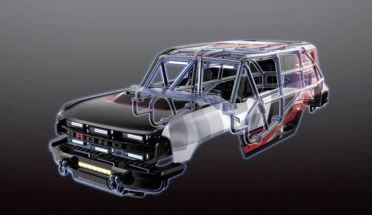 Ein Drahtmodell eines Geländefahrzeugs mit Außenansicht, das ein detailliertes Chassis und eine Karosseriegestaltung zeigt und strukturelle Elemente hervorhebt.