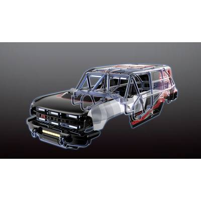 Ein Drahtmodell eines Geländefahrzeugs mit Außenansicht, das ein detailliertes Chassis und eine Karosseriegestaltung zeigt und strukturelle Elemente hervorhebt.