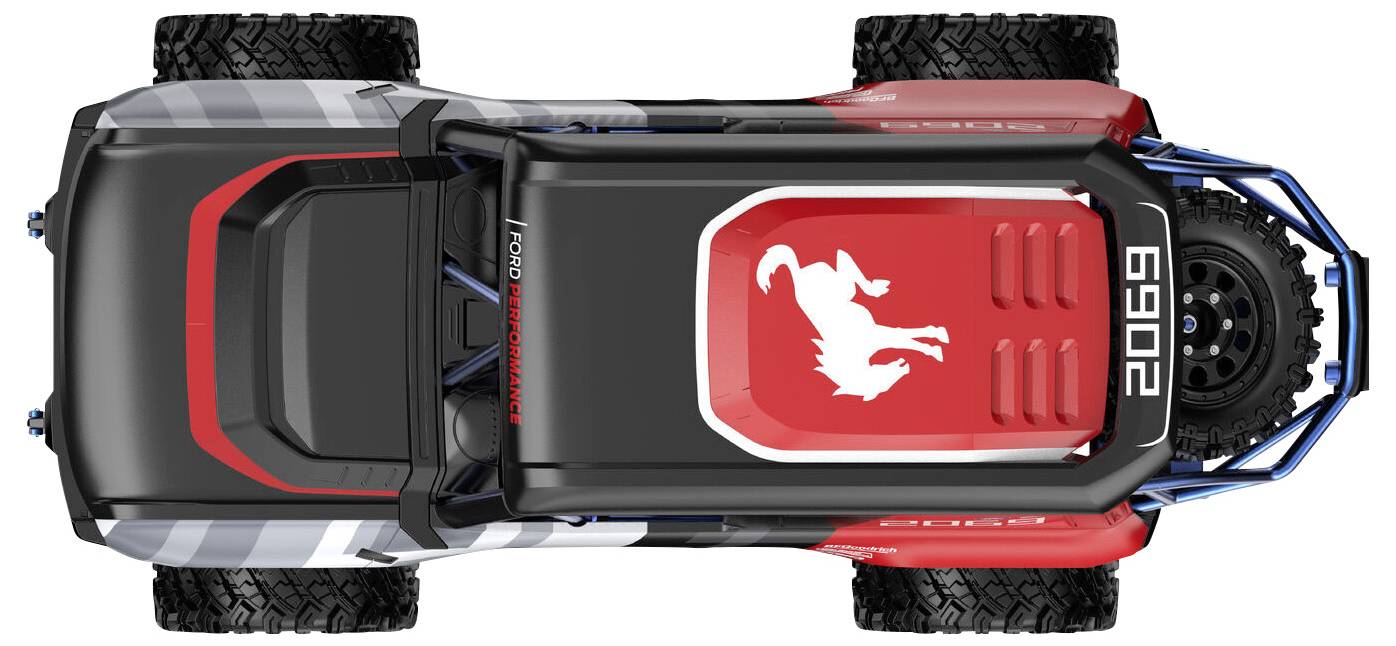 Ein Spielzeug-Lastwagen, von oben betrachtet, mit rotem Design, einem weißen Pferde-Emblem und der Zahl '2069' auf seinem Dach.