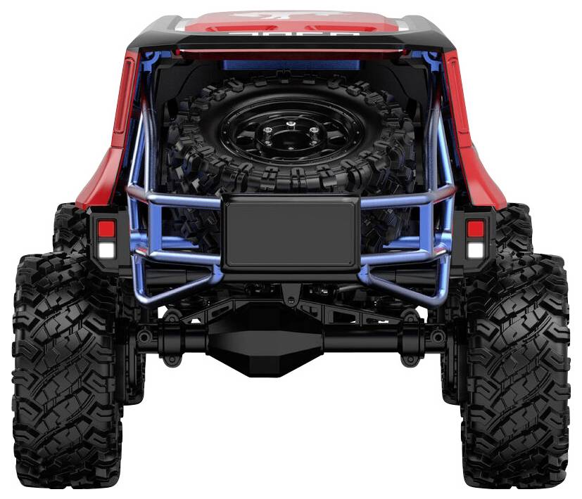 Ein roter Geländewagen von hinten betrachtet, mit großen, groben Reifen, einem Reservereifen, der am Heck montiert ist, sowie blauen und schwarzen Strukturstreben.