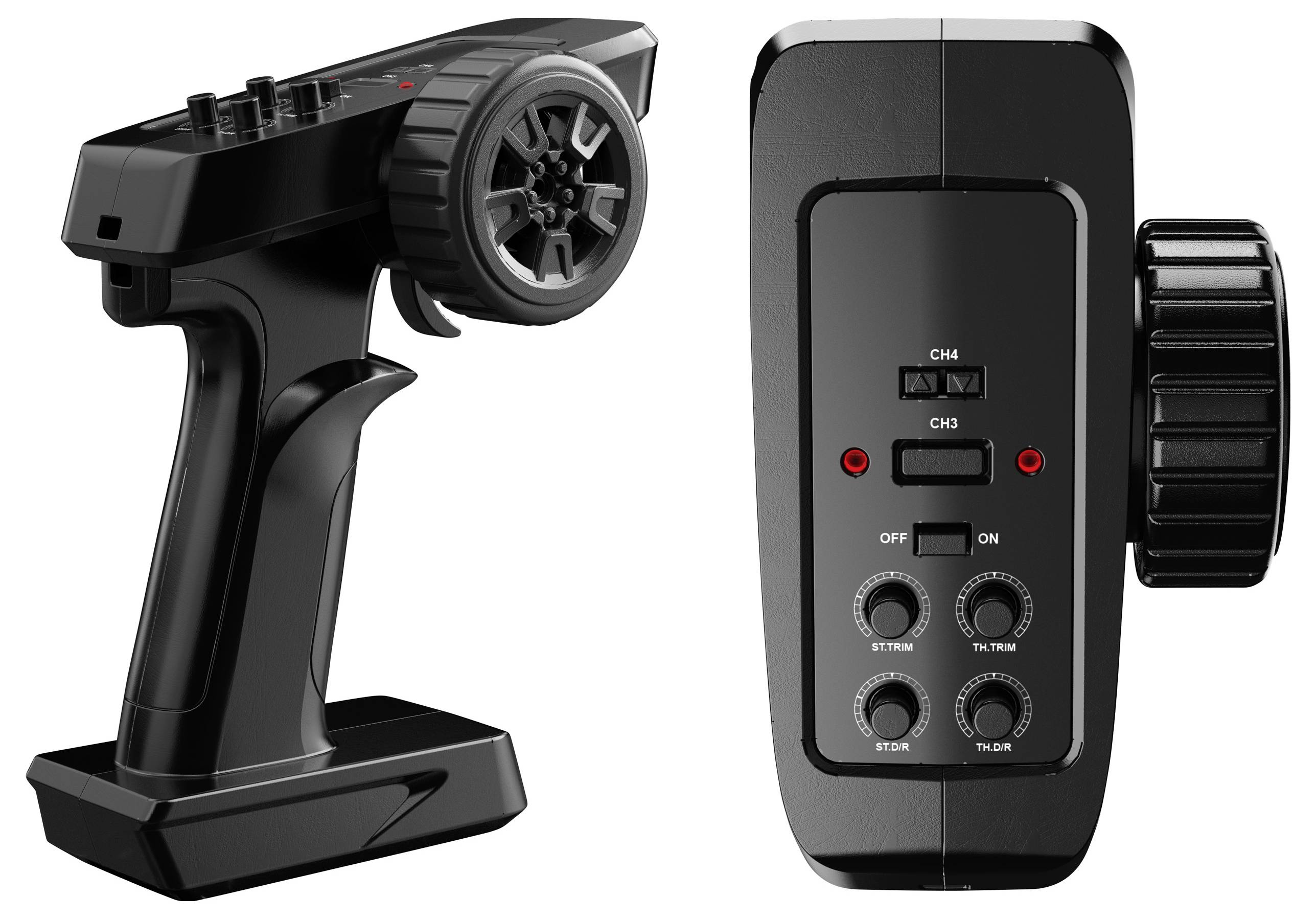 Schwarzer RC-Autocontroller, Front- und Seitenansicht, mit einem Rad an der Seite, mehreren Tasten und Drehreglern für präzise Steuerungsanpassungen.