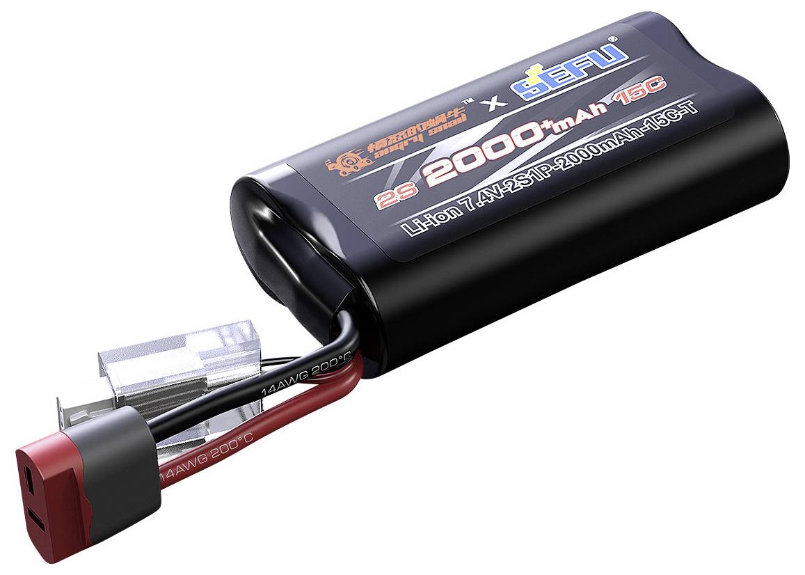 LiPo-Akku mit Spezifikationen: 2S, 7,4V, 2000mAh, 15C, weitgehend ummantelt mit roten und schwarzen Kabeln und Anschlüssen.