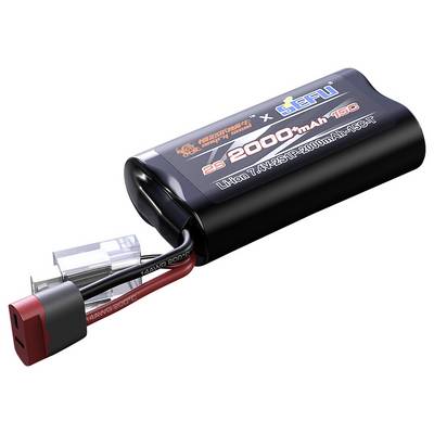 LiPo-Akku mit Spezifikationen: 2S, 7,4V, 2000mAh, 15C, weitgehend ummantelt mit roten und schwarzen Kabeln und Anschlüssen.