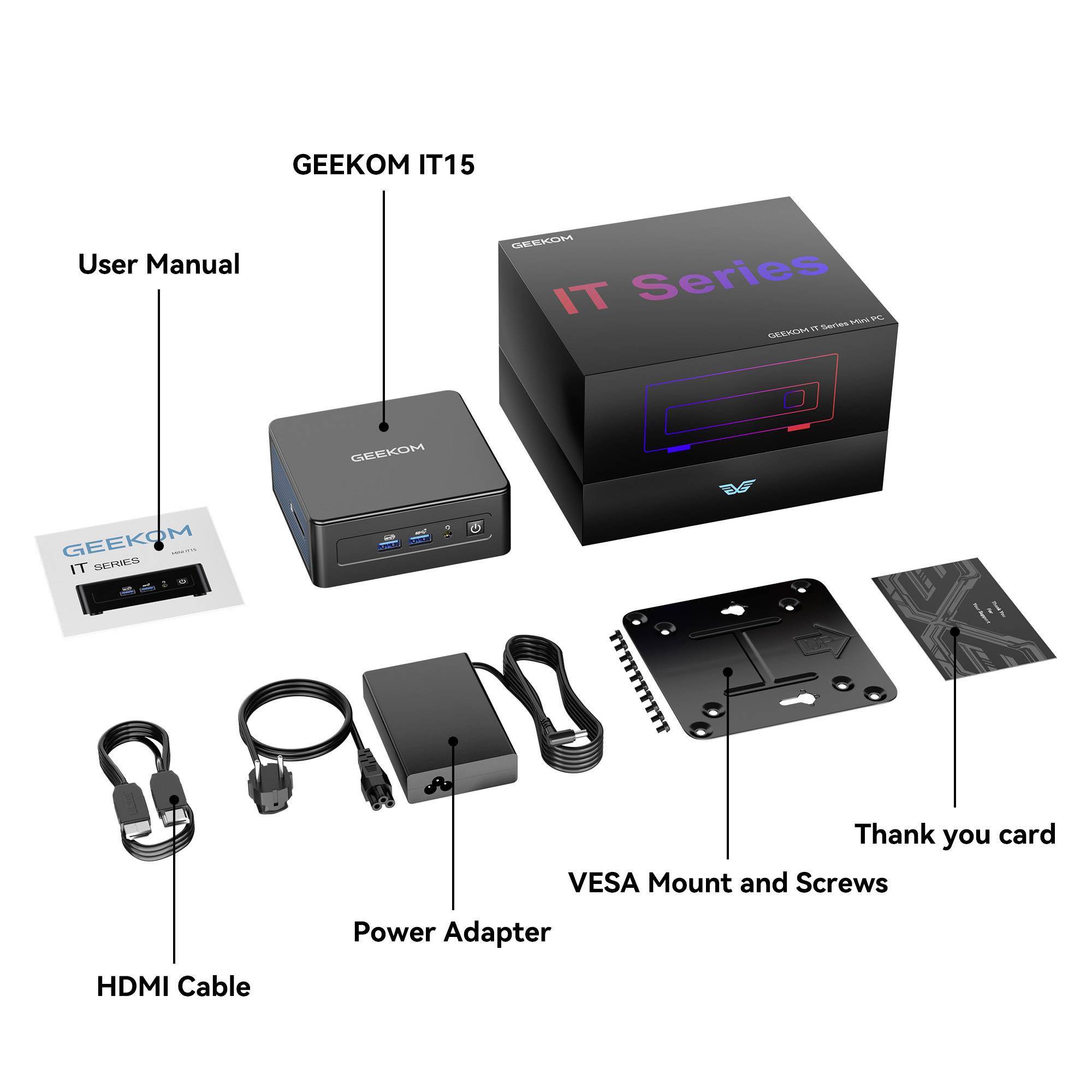 Paketinhalt des 'GEEKOM IT15' mit Benutzerhandbuch, Mini-PC, HDMI-Kabel, Netzteil, VESA-Halterung mit Schrauben und Dankeskarte.