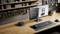 Ein moderner Schreibtischaufbau mit einem Computer, der ein 3D-Drucker-Design zeigt. Regale mit Werkzeugen sind im Hintergrund zu sehen, was auf einen Arbeitsplatz hindeutet.