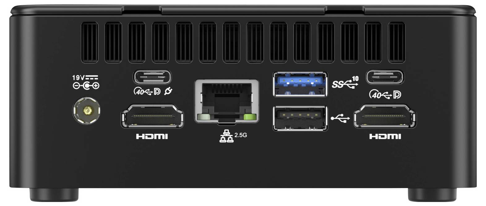 Rückansicht eines kompakten Computers mit verschiedenen Anschlüssen, darunter zwei HDMI-Ports, ein Ethernet-Port, zwei USB-Ports und ein Stromanschluss.