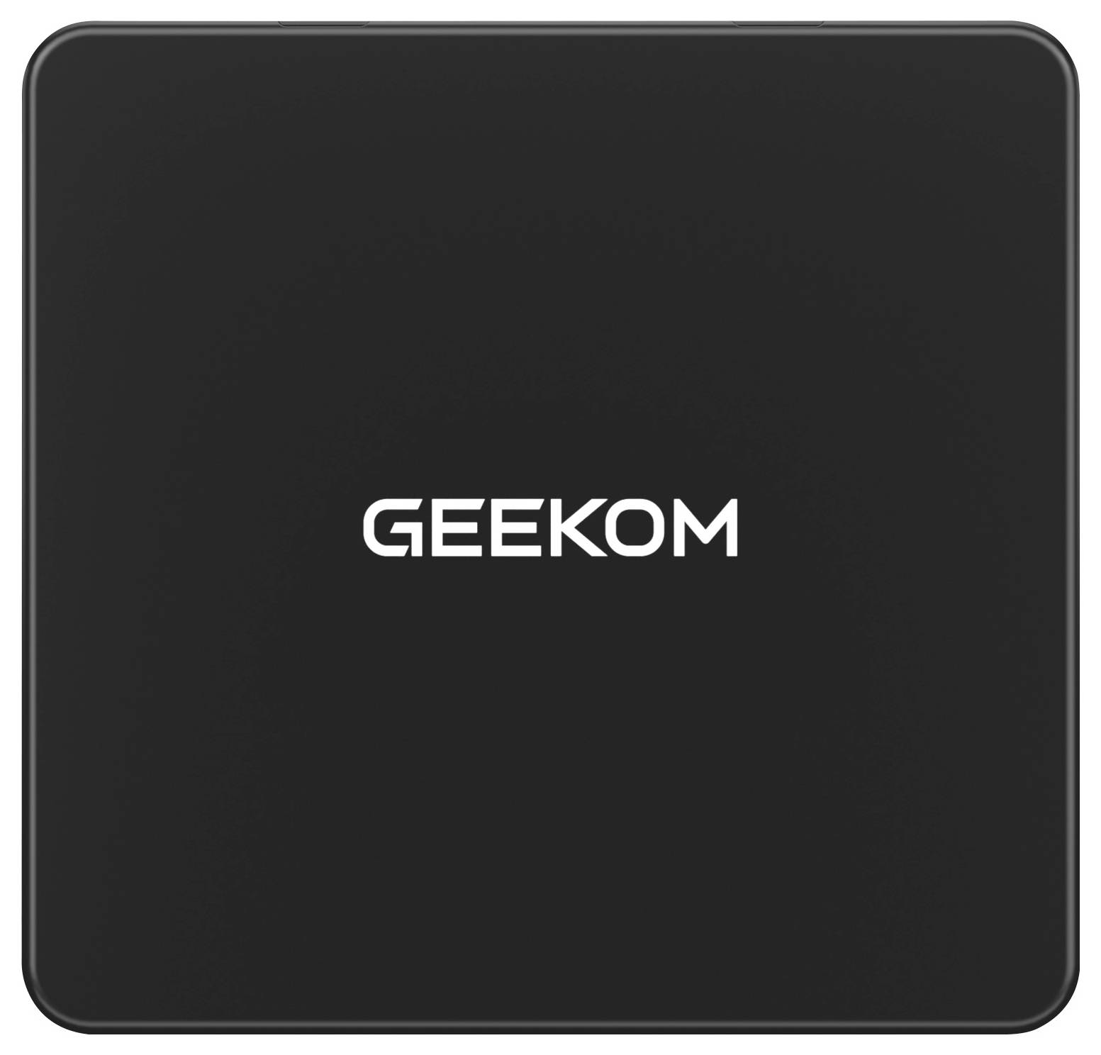 Ein schwarzes quadratisches Gerät mit dem Wort 'GEEKOM' in weißer Schrift in der Mitte, das ein elegantes und minimalistisches Design aufweist.