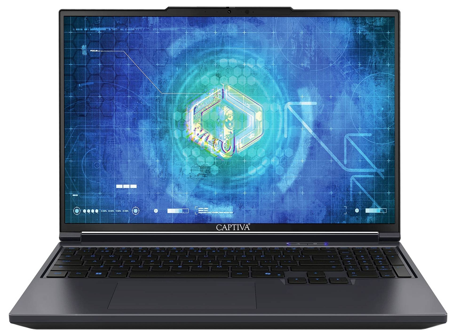 Ein Laptop-Computer, der eine blaue digitale Benutzeroberfläche mit einer geometrischen Gestaltung auf dem Bildschirm zeigt, vor einem dunklen Hintergrund.
