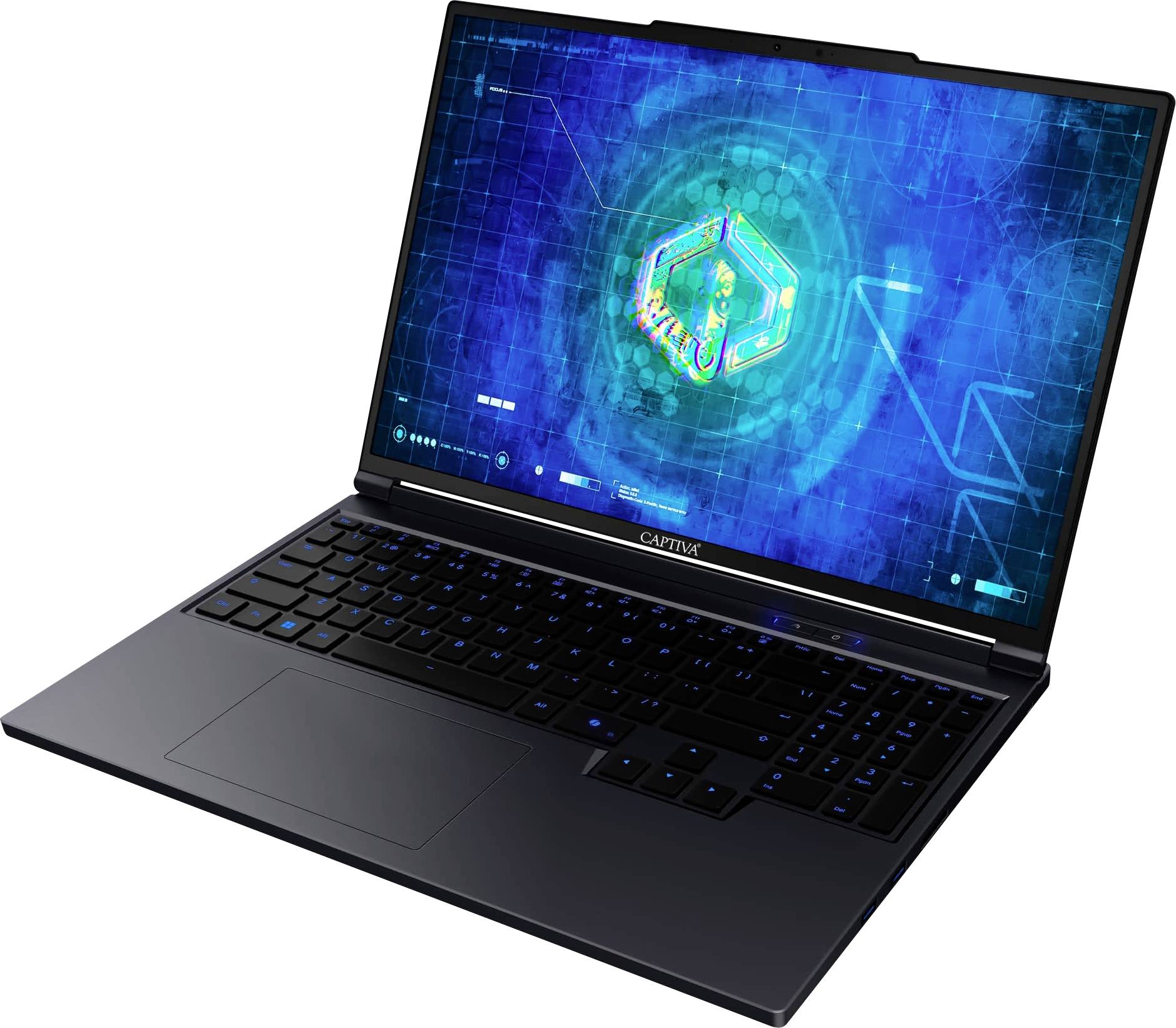 Ein schlankes Laptop, das eine futuristische blaue digitale Schnittstelle auf seinem Bildschirm zeigt, mit geometrischen Mustern und einem zentral leuchtenden Sechseck.