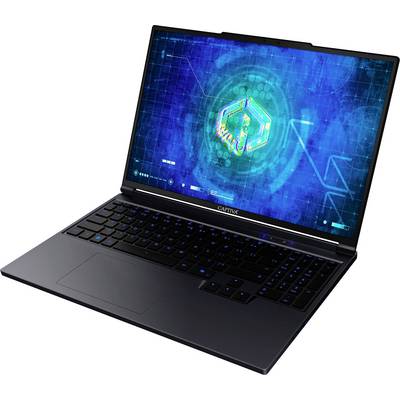 Ein schlankes Laptop, das eine futuristische blaue digitale Schnittstelle auf seinem Bildschirm zeigt, mit geometrischen Mustern und einem zentral leuchtenden Sechseck.