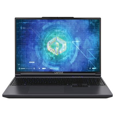 Ein Laptop, der eine futuristische blaue digitale Schnittstelle mit leuchtenden geometrischen Formen auf dem Bildschirm zeigt. Die Tastatur ist darunter sichtbar.