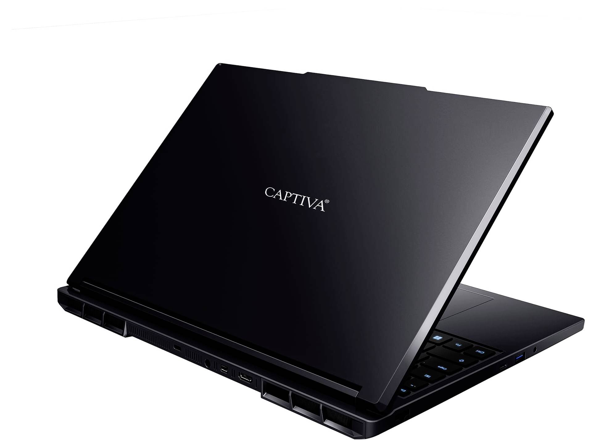 Ein schwarzer Laptop der Marke 'Captiva', teilweise geöffnet, der ein schlankes Design und eine hintergrundbeleuchtete Tastatur zeigt.