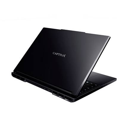 Ein schwarzer Laptop der Marke 'Captiva', teilweise geöffnet, der ein schlankes Design und eine hintergrundbeleuchtete Tastatur zeigt.