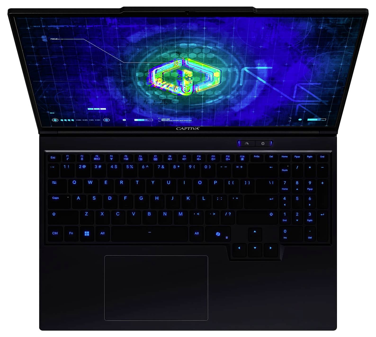 Ein schwarzer Laptop mit einer blau beleuchteten Tastatur zeigt ein buntes geometrisches Muster auf dem Bildschirm, überlagert von einem Raster und Steuerungssymbolen.
