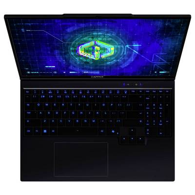 Ein schwarzer Laptop mit einer blau beleuchteten Tastatur zeigt ein buntes geometrisches Muster auf dem Bildschirm, überlagert von einem Raster und Steuerungssymbolen.
