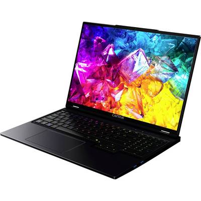 Ein schlanker, schwarzer Laptop mit einem farbenfrohen, lebhaften geometrischen Muster auf dem Bildschirm. Die Tastatur ist sichtbar und präsentiert ein modernes Design.
