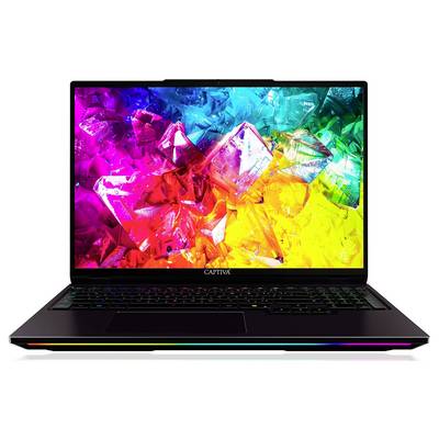 Ein Laptop mit einem lebhaften, mehrfarbigen Kristalldesign, das auf dem Bildschirm dargestellt wird, mit Branding im Tastaturbereich.