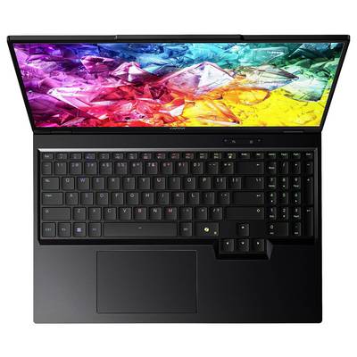 Ein Laptop mit einer RGB-Hintergrundbeleuchteten Tastatur, die einen bunten, abstrakten Bildschirm anzeigt.