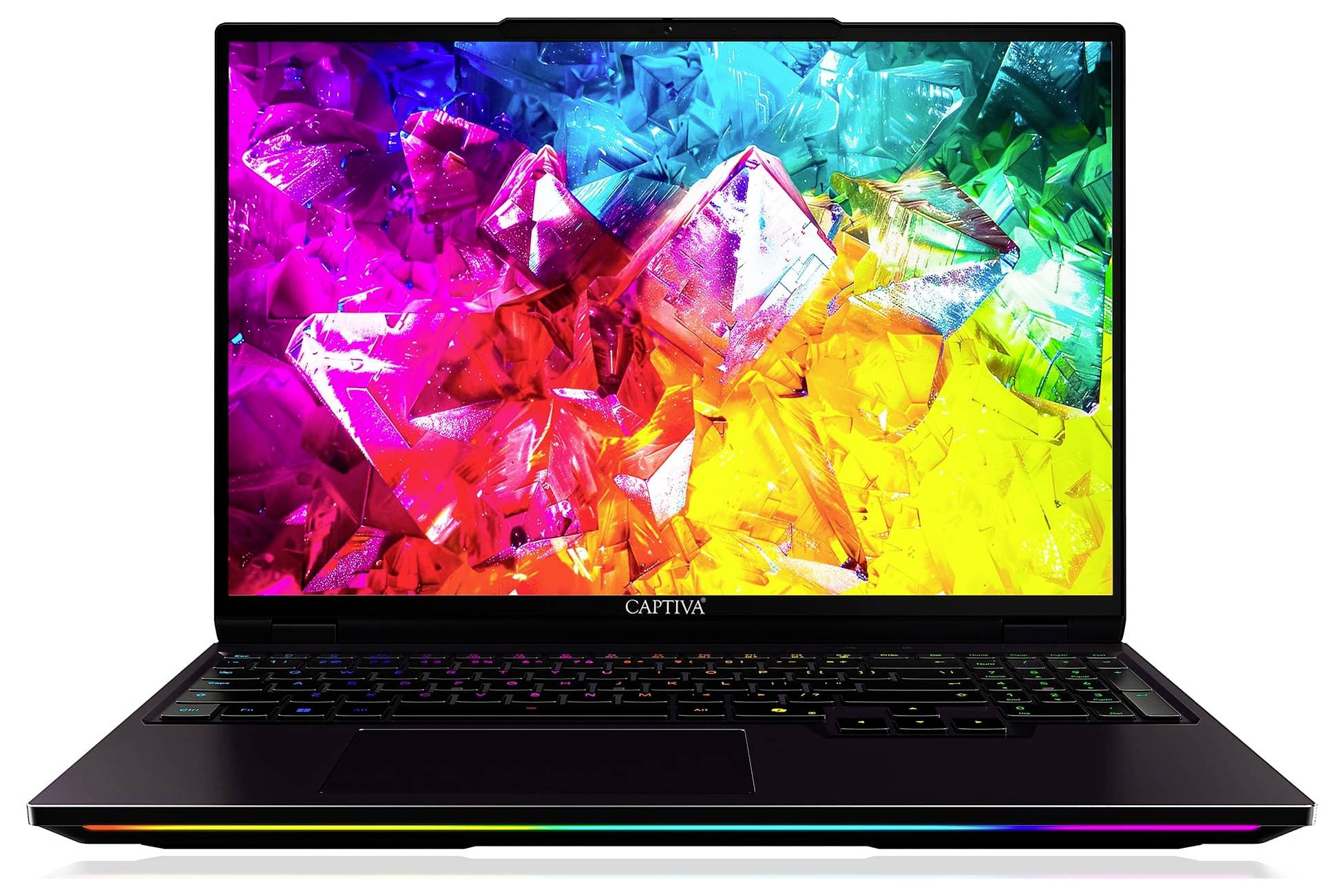 Ein Laptop mit einem lebendigen, farbenfrohen geometrischen Design auf dem Bildschirm, der sich aus überlappenden Formen in Schattierungen von Rot, Rosa, Lila und Gelb zusammensetzt.