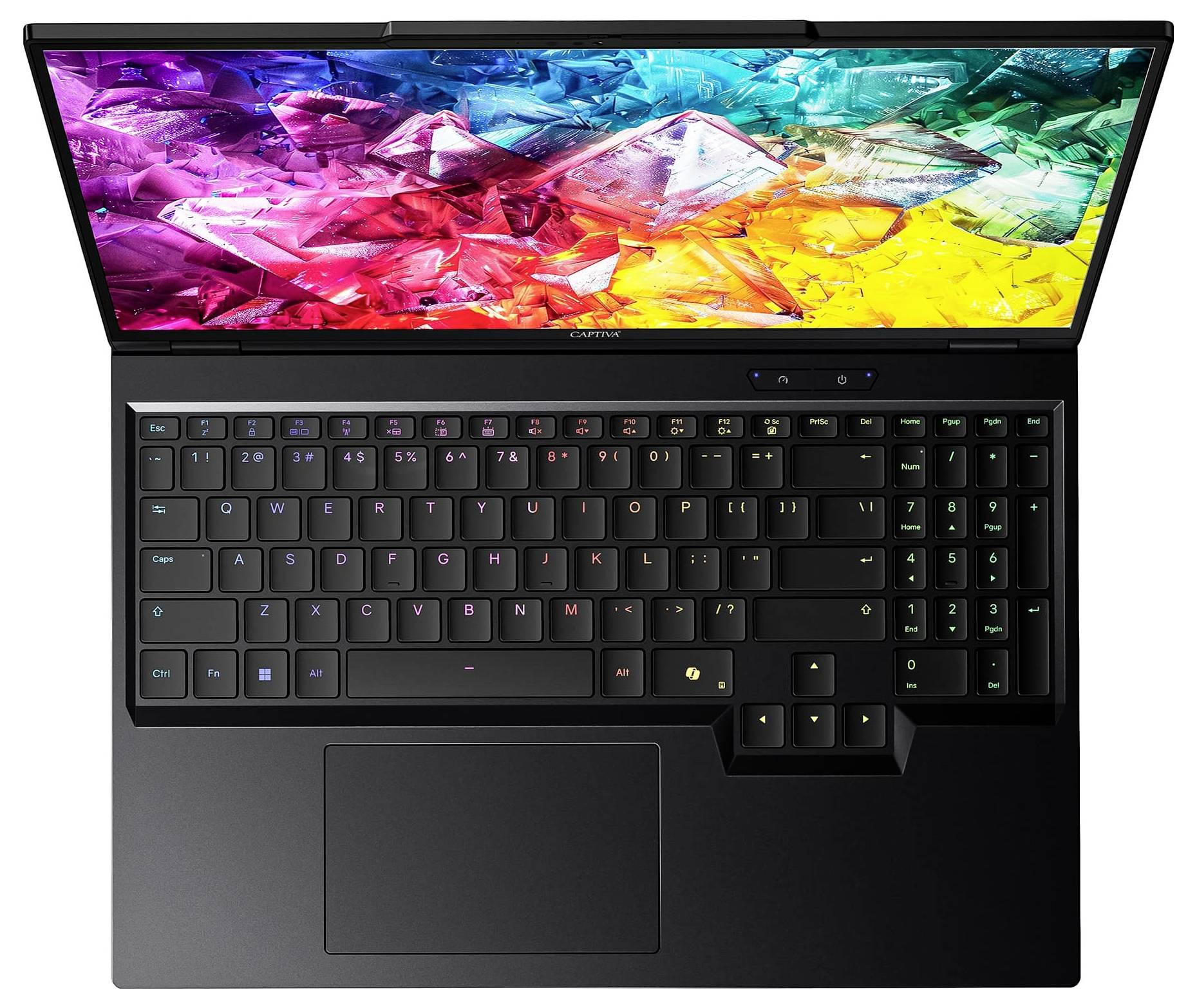 Ein Gaming-Laptop mit einem lebhaften, regenbogenfarbenen Bildschirm und einer Tastatur mit Hintergrundbeleuchtung in verschiedenen Farben, von oben betrachtet.