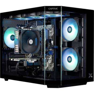 Ein Gaming-PC mit LED-beleuchteten Lüftern und einem transparenten Gehäuse, das die internen Komponenten wie Mainboard und Kühlsystem sichtbar macht.