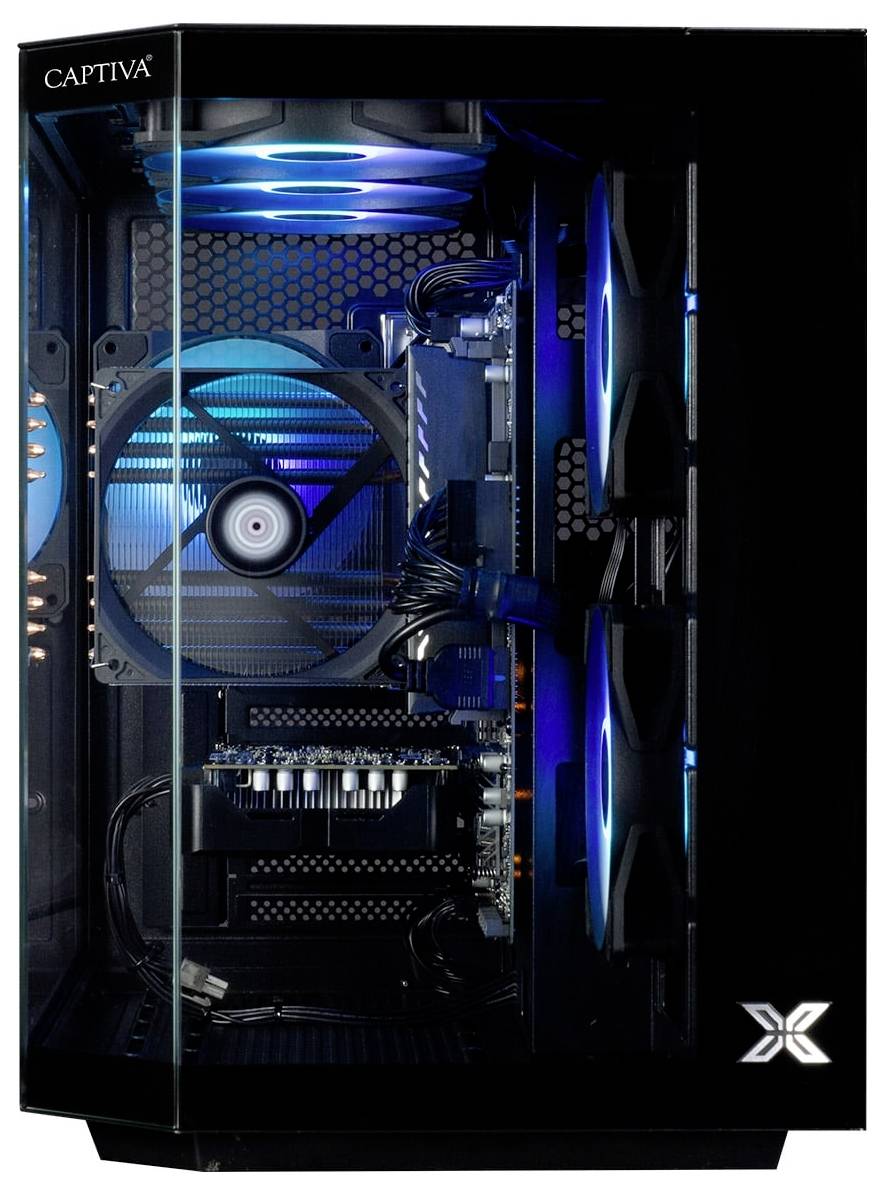 Ein Computergehäuse mit einer transparenten Seitenscheibe offenbart Innenkomponenten, die von blauen Lichtern beleuchtet werden und Kühlventilatoren und Schaltkreise hervorheben.