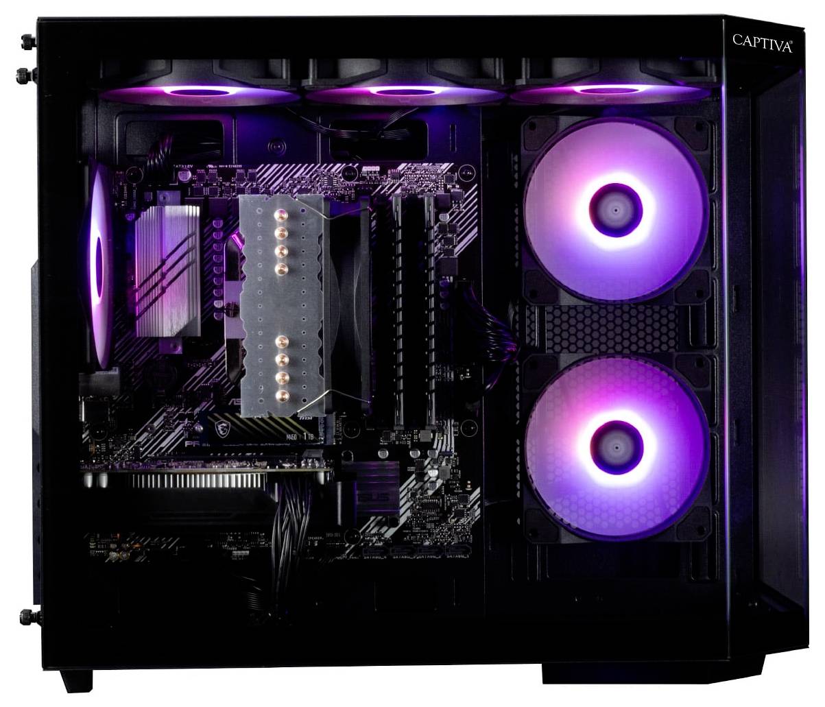 Ein Gaming-PC mit leuchtenden rosa und lila LED-Lüftern im Inneren eines Gehäuses, der interne Komponenten wie Mainboard und Stromkabel zeigt.