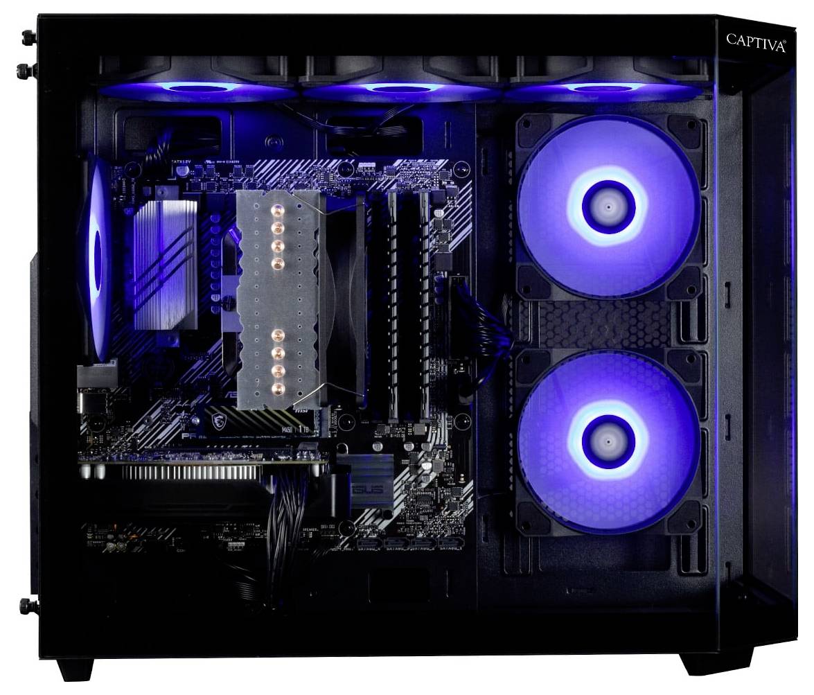 Ein offenes Computergehäuse mit LED-beleuchteten Kühlventilatoren, einem sichtbaren Motherboard und Komponenten des Kühlsystems.