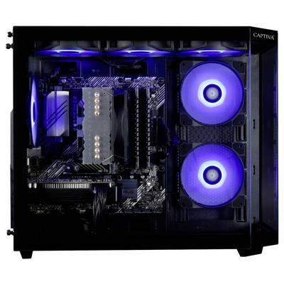 Ein offenes Computergehäuse mit LED-beleuchteten Kühlventilatoren, einem sichtbaren Motherboard und Komponenten des Kühlsystems.