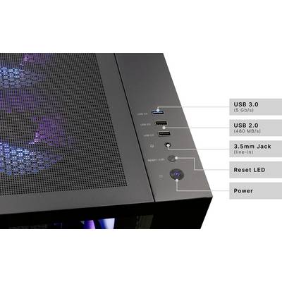 Nahaufnahme der Oberseite eines Computergehäuses mit Anschlüssen: USB 3.0, USB 2.0 und einem 3,5-mm-Klinkenanschluss; beschriftete Tasten für Reset und Einschalten.