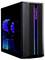 Ein schlanker schwarzer Computertower mit RGB-Beleuchtung, der beleuchtete Komponenten durch ein Seitenfenster zeigt.