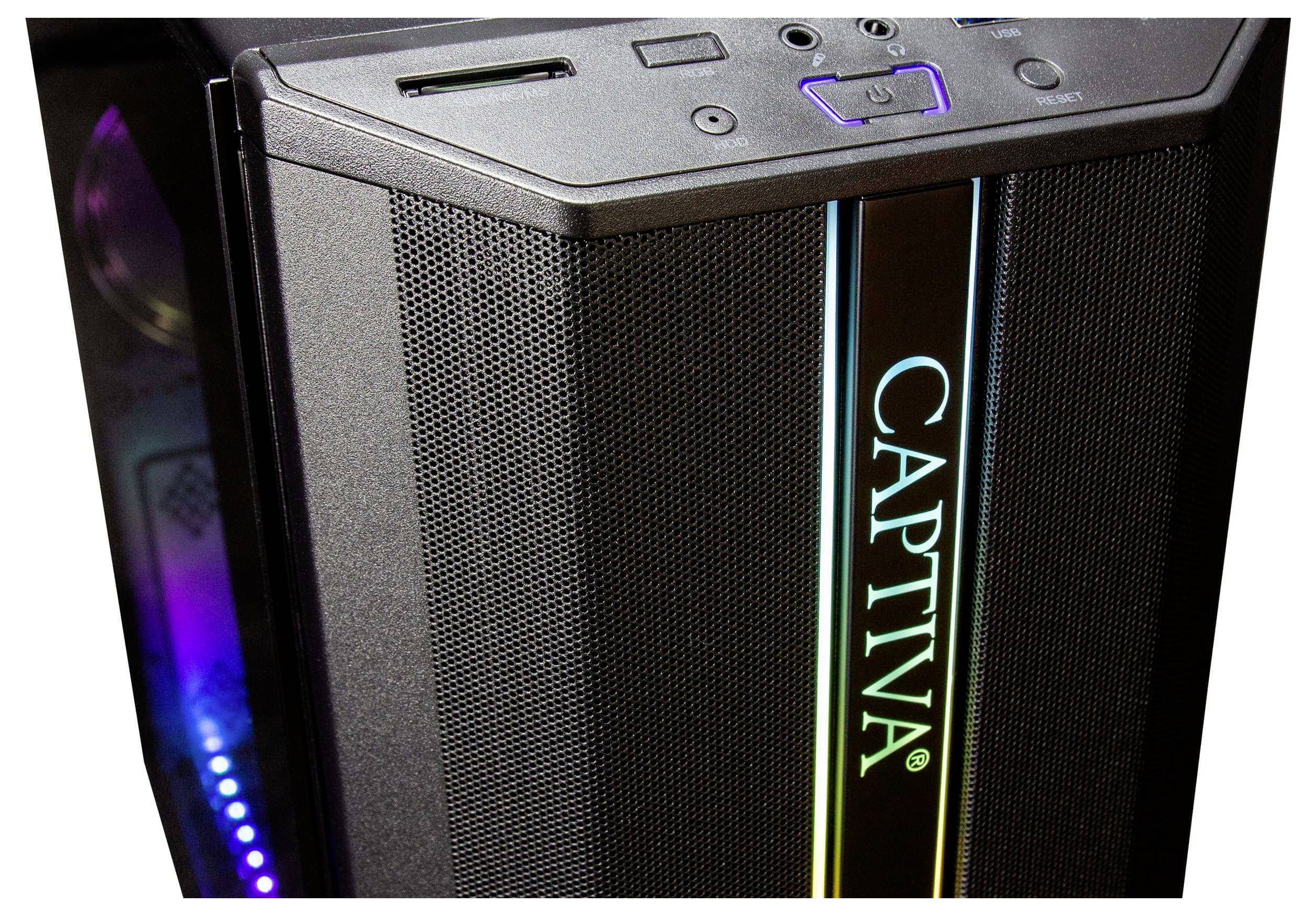 Eine Nahaufnahme eines Computertowers mit dem Markennamen 'CAPTIVA', der auf dem Frontpanel beleuchtet ist und farbenfrohe Lichtakzente aufweist.