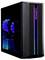 Ein schlanker schwarzer Computertower mit leuchtenden blauen und lila LED-Beleuchtungen im Inneren, der sichtbare Kühlventilatoren und Komponenten präsentiert.