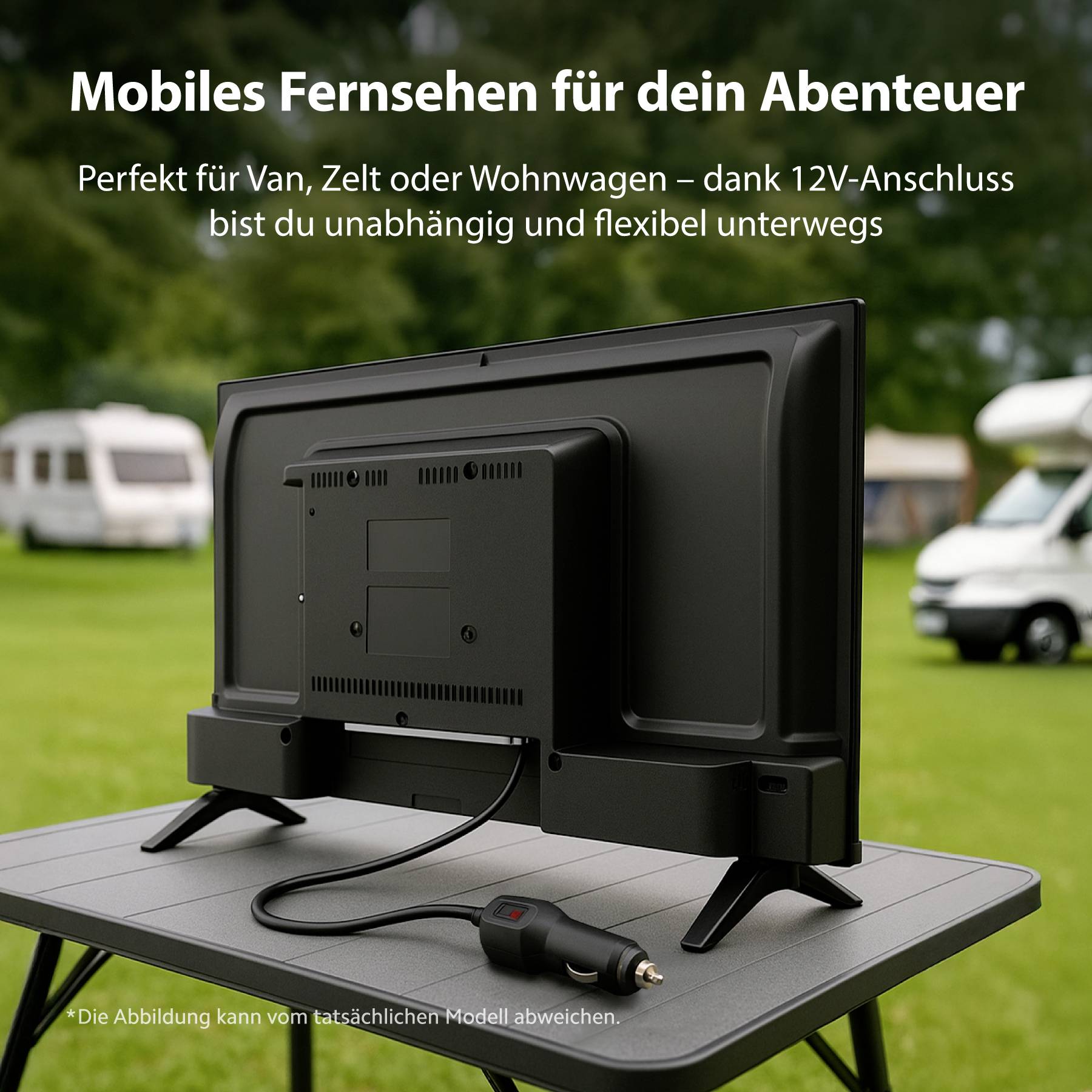 A small TV on a table outdoors. Text: 'Mobile television for your adventure. Perfect for van, tent or caravan – thanks to 12V connection.'