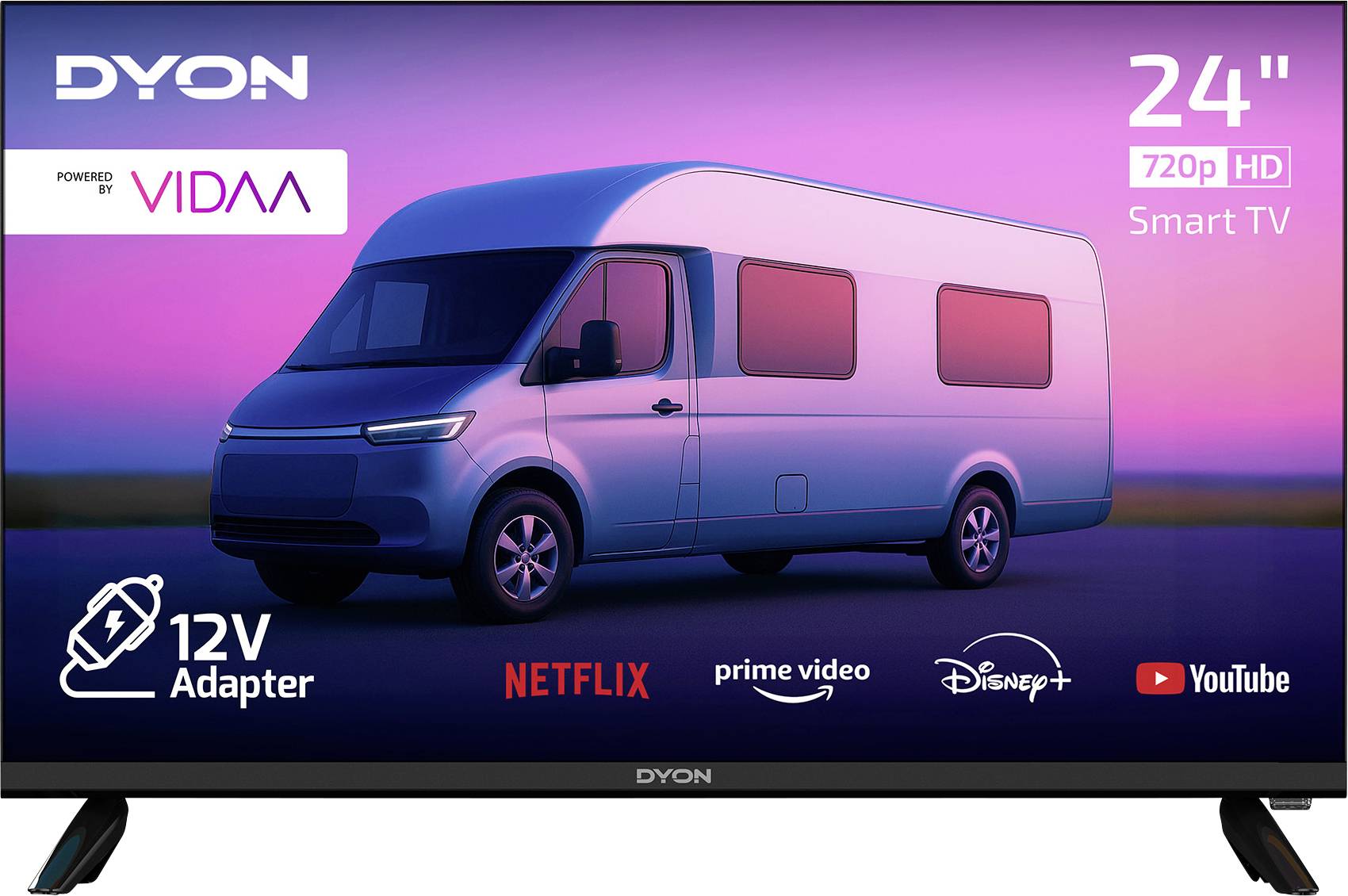 'DYON 24" 720p HD Smart-TV mit VIDA Betriebssystem; Funktionen umfassen 12V-Adapterkompatibilität und Streaming-Dienste wie Netflix und YouTube.'